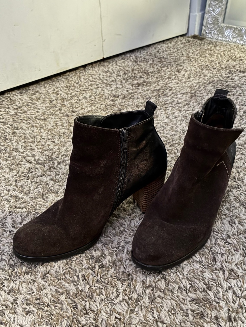 Paul Green Dark Brown Suede Ankle Booties with Wooden Block Heel